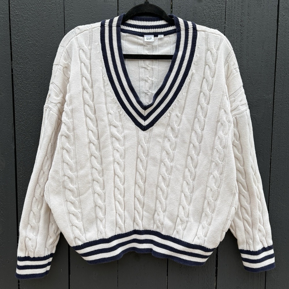 GAP V Neck Varsity Oversize Sweater XXL Preppy Cropped Chunky Cable Knit READ